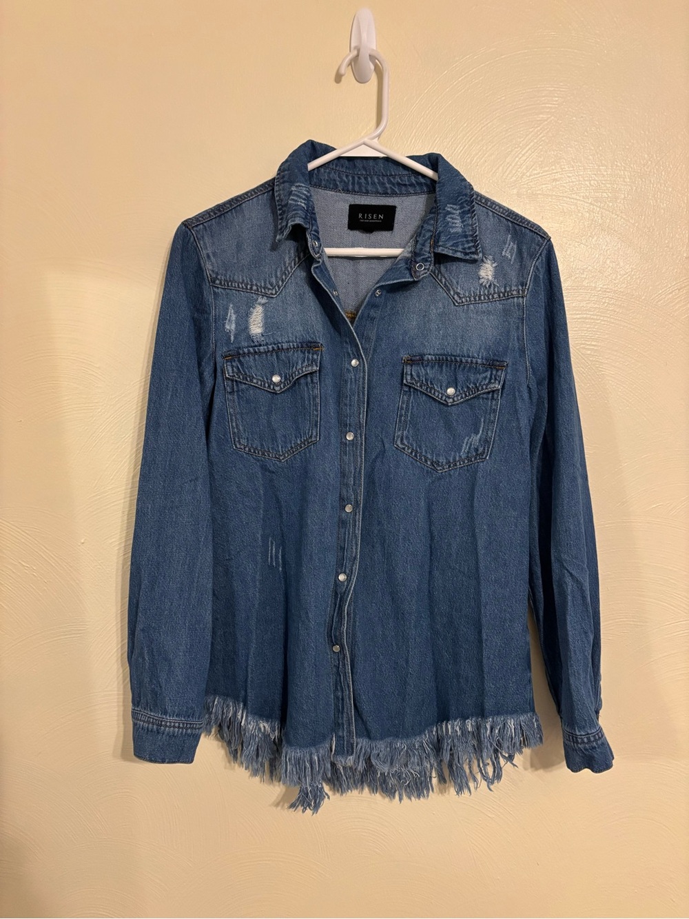 Risen Denim Shirt Women M Distressed Raw Fringe Hem Western Button Up